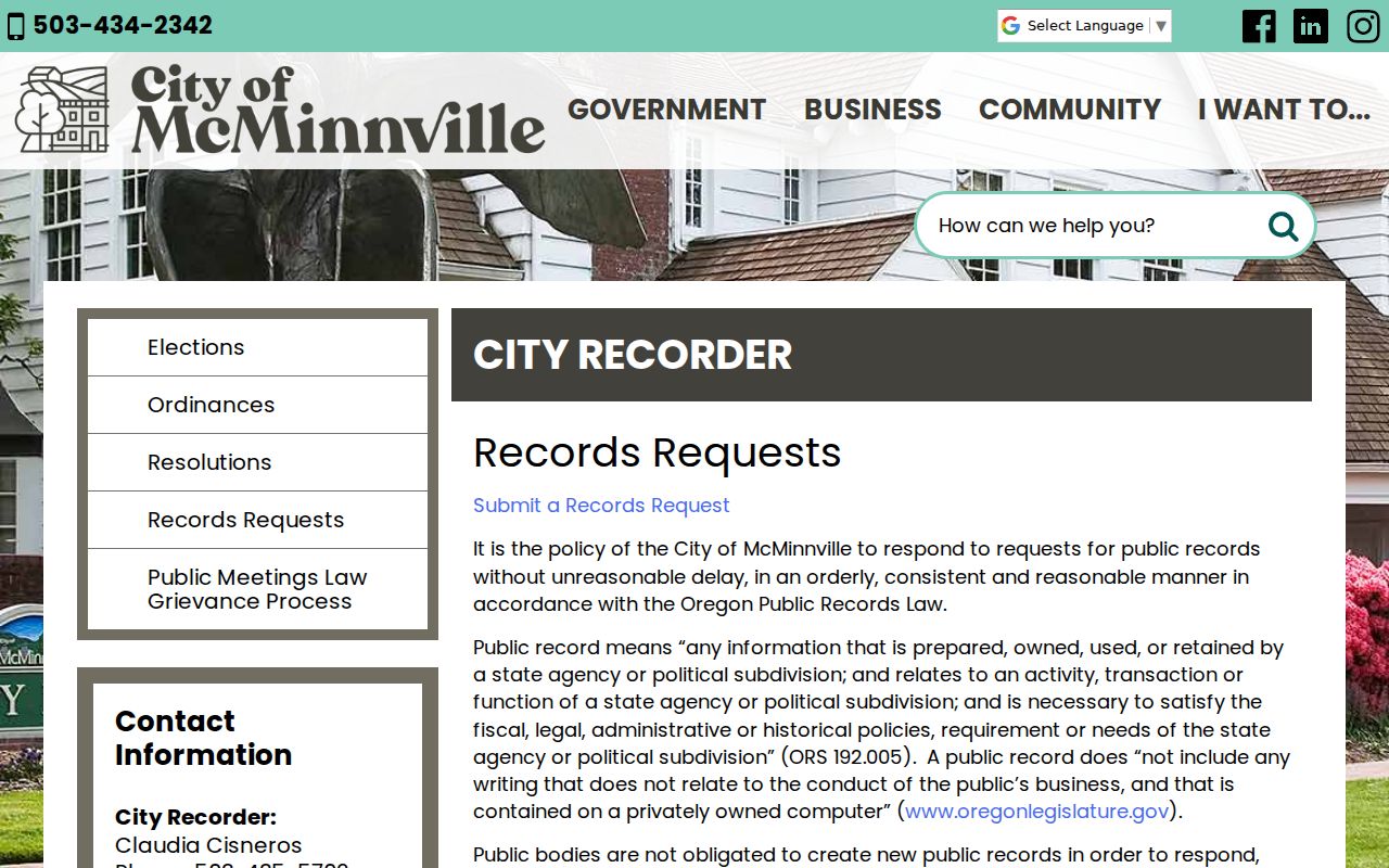 McMinnville ZIP code City Recorder records-request route