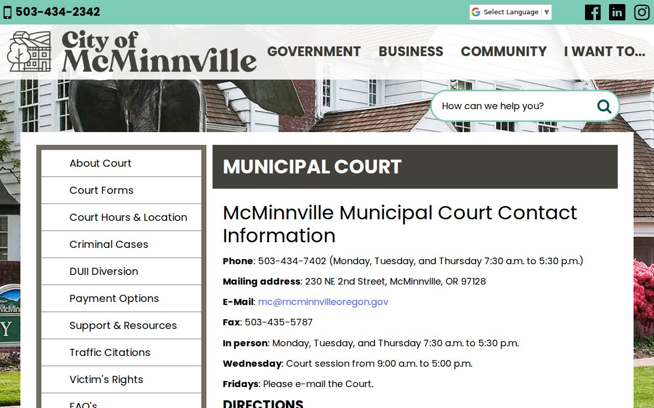 McMinnville ZIP code Municipal Court contact route